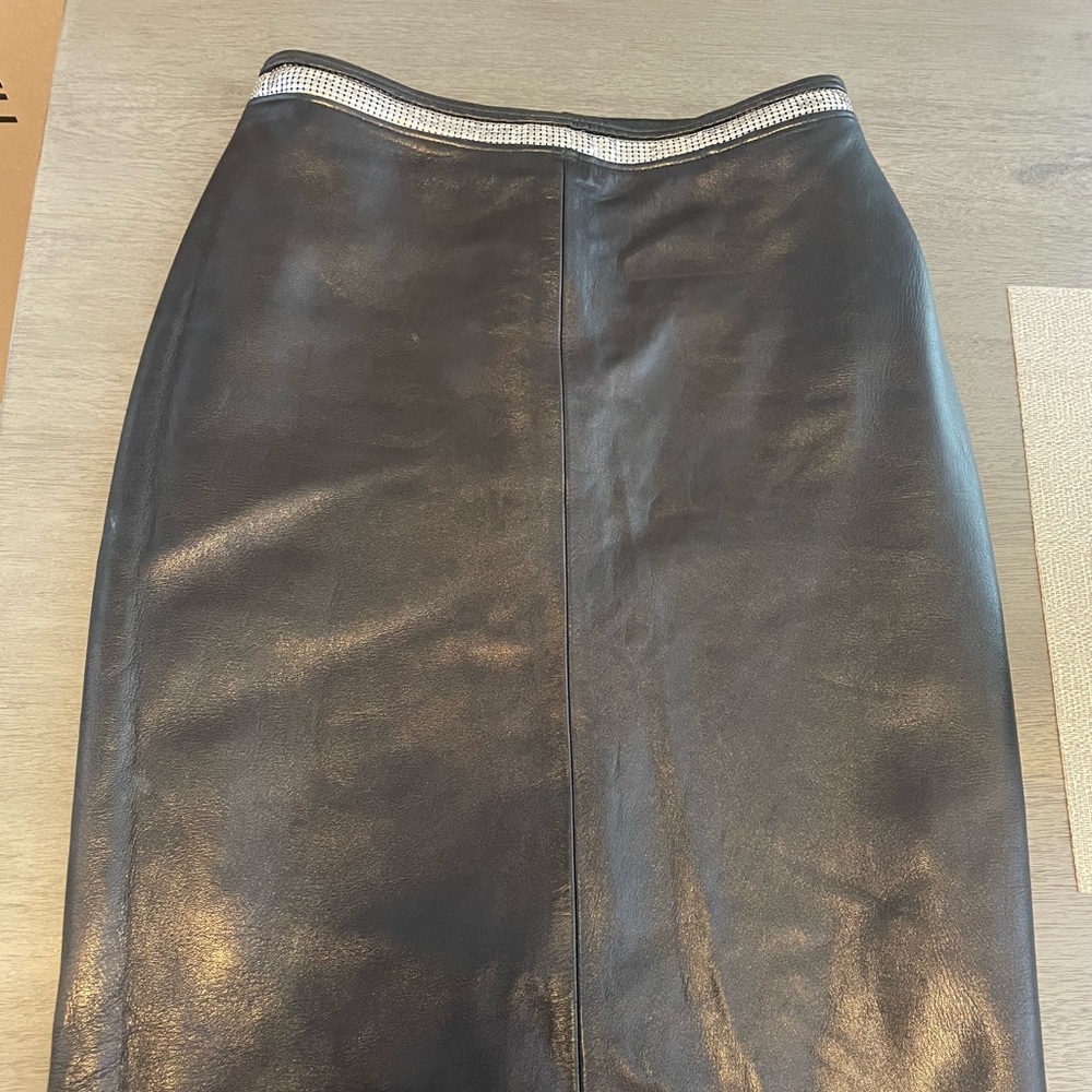 Versace Black Leather Midi Skirt with Silver Detail